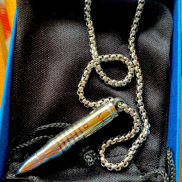 NIB Stainless Steel Open Bullet Pendant Necklace Unisex Cross Scripture Locket - Picture 4 of 5